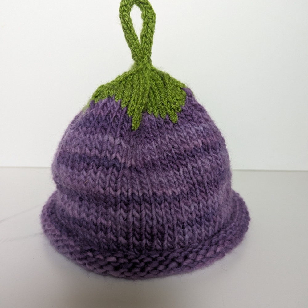 Hand-Knit Purple and Green Baby Berry Hat